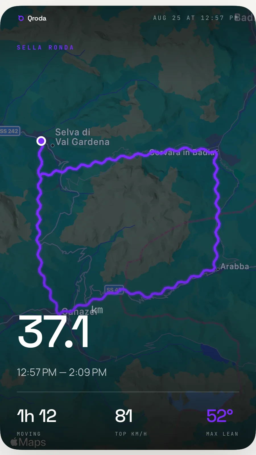 Qroda share poster, dark: the same Sella Ronda loop on a dark map