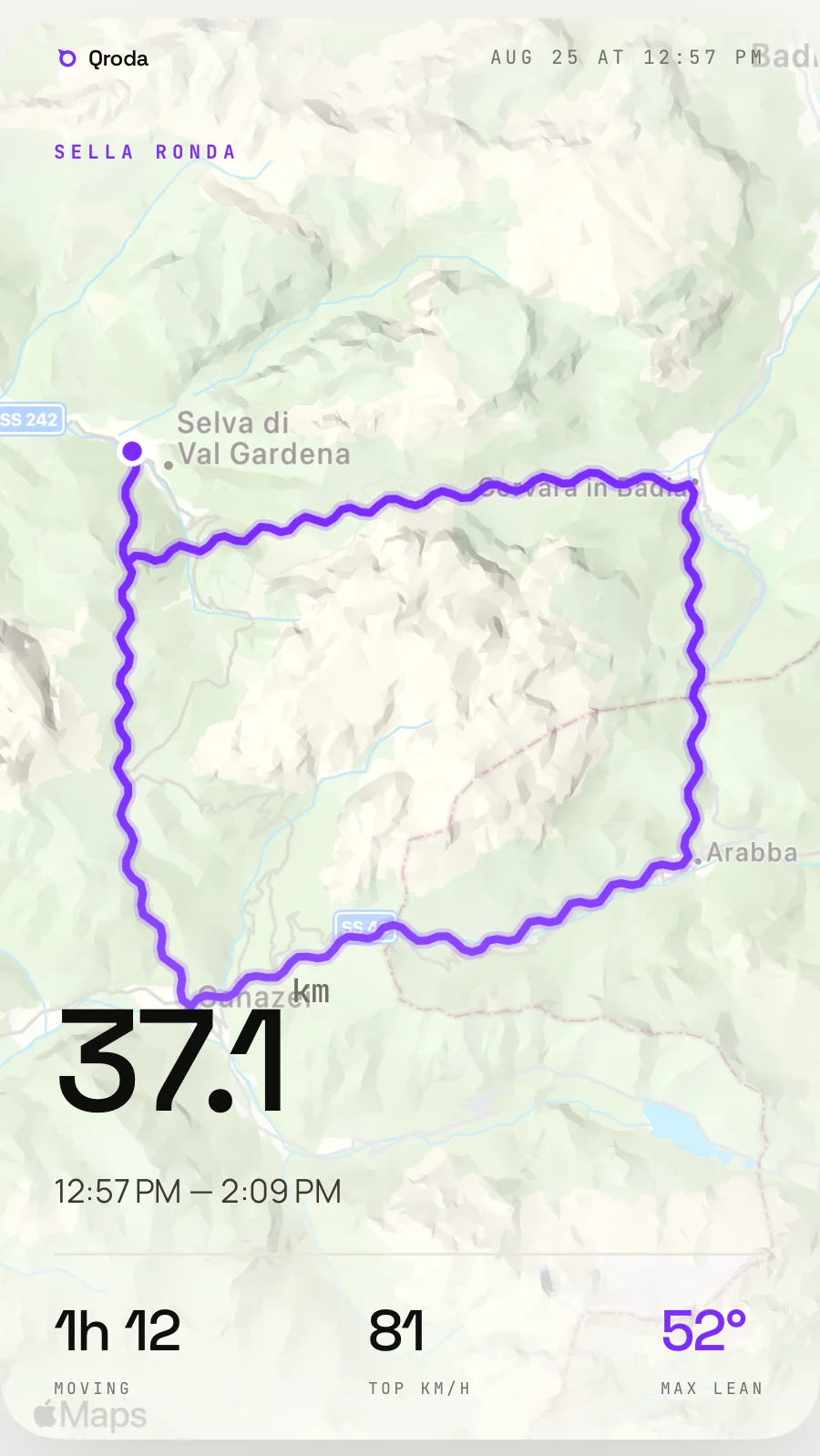 Qroda share poster, light: the Sella Ronda loop on an Apple Maps hero, 37.1 km, 1h 12 moving, 81 km/h top, 52 degrees max lean
