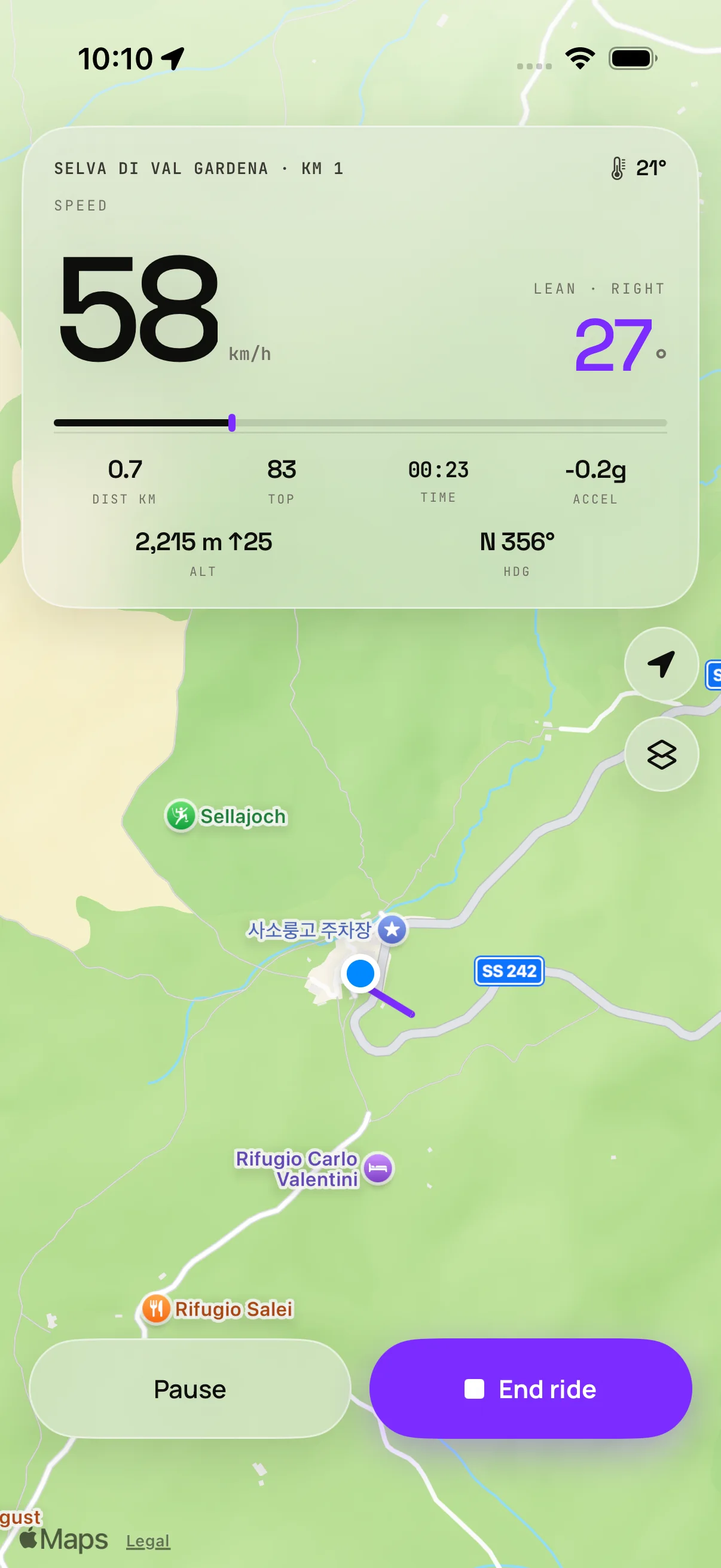 Qroda recording a ride over Passo Sella: 58 km/h, 27 degrees of lean, 2,215 m altitude, the route drawn on the map