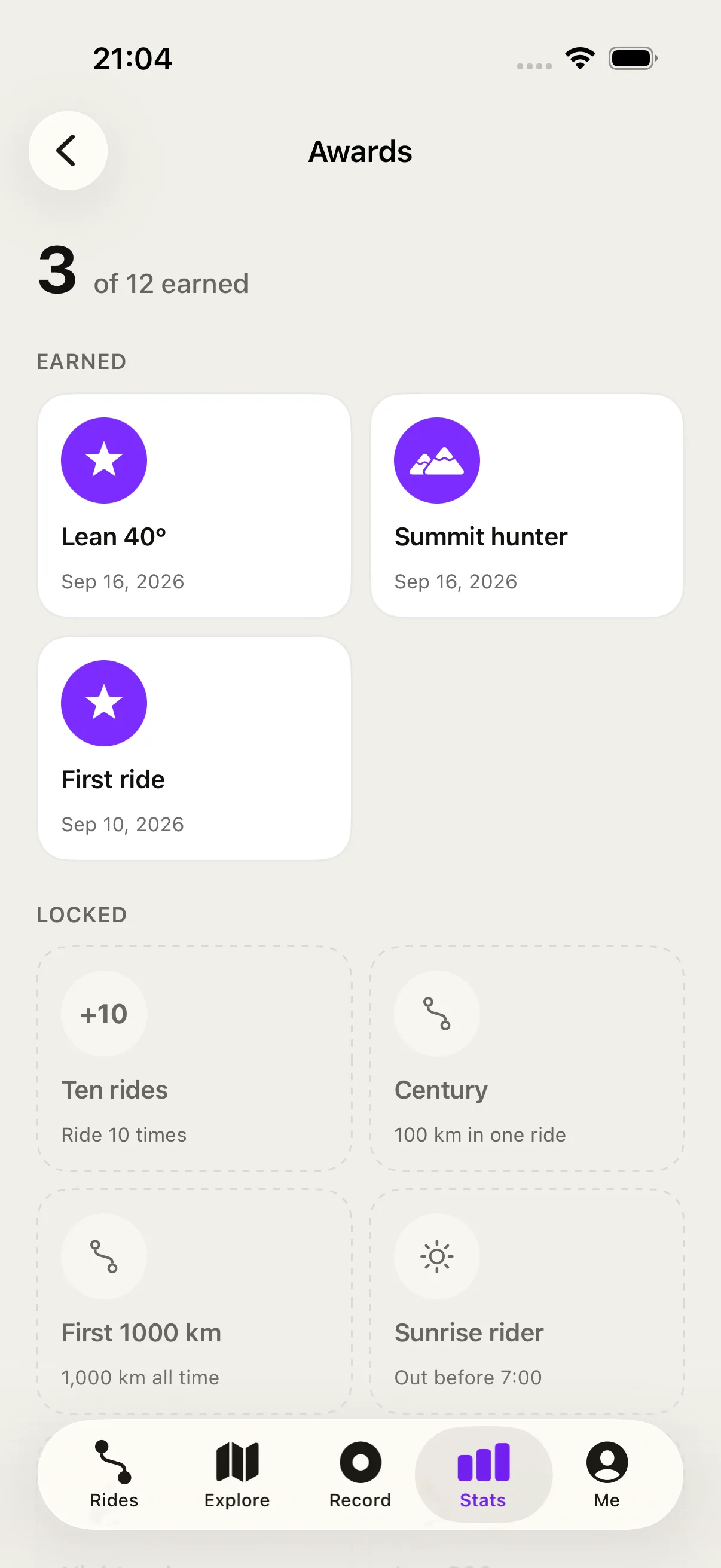Qroda milestones: earned badges like Lean 40 degrees and Summit hunter, with locked ones showing what fills them