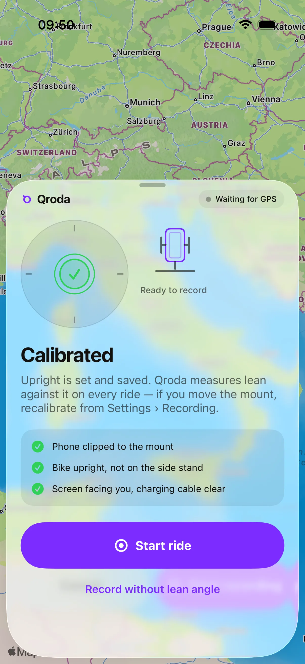 Qroda Mount and calibrate sheet: a live bubble level reads Calibrated, with the three checks ticked and a Start ride button