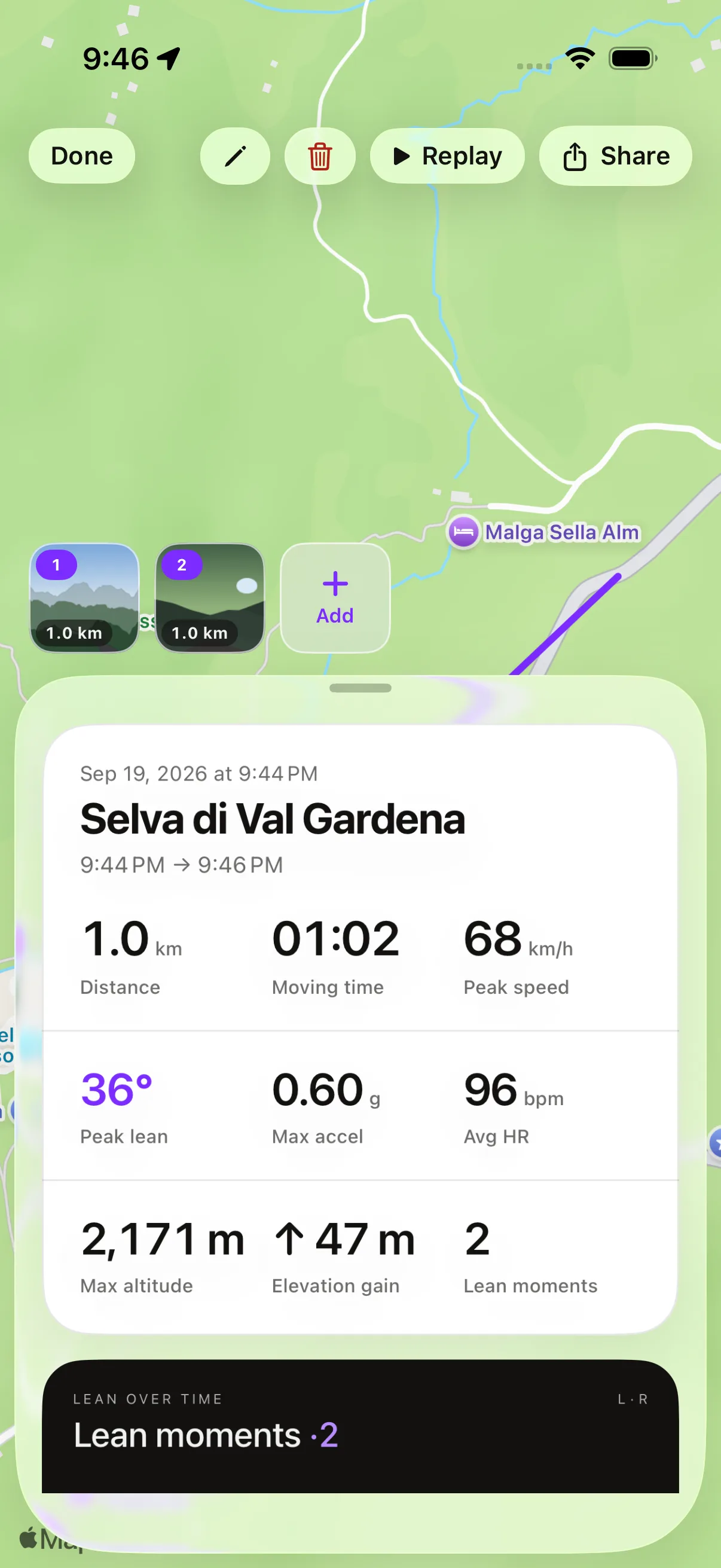 Qroda ride summary with the photo tray docked above the recap, each photo numbered and labelled with the kilometre it was taken at