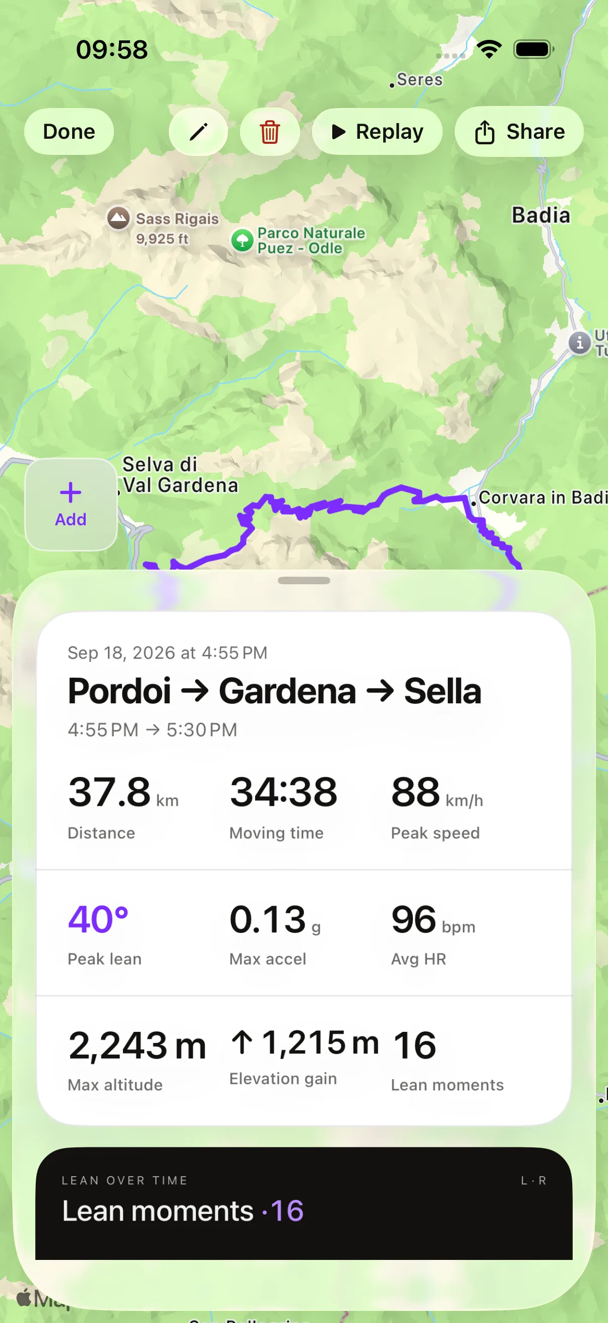 Qroda ride recap: Pordoi to Gardena to Sella on a real map with distance, moving time, peak speed, lean, elevation gain and lean chart