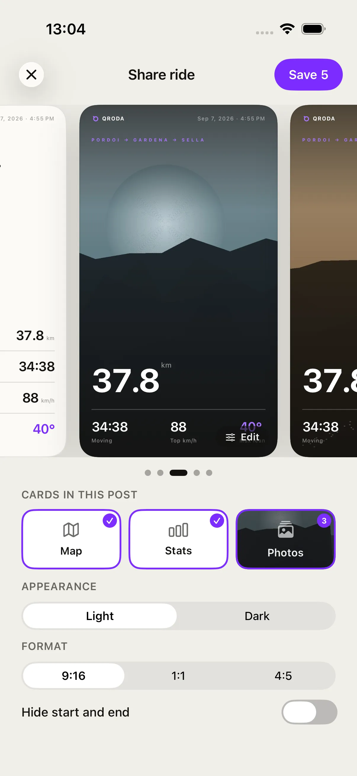 Qroda share studio: a photo card with the ride's distance, moving time, top speed and max lean over the rider's own photo