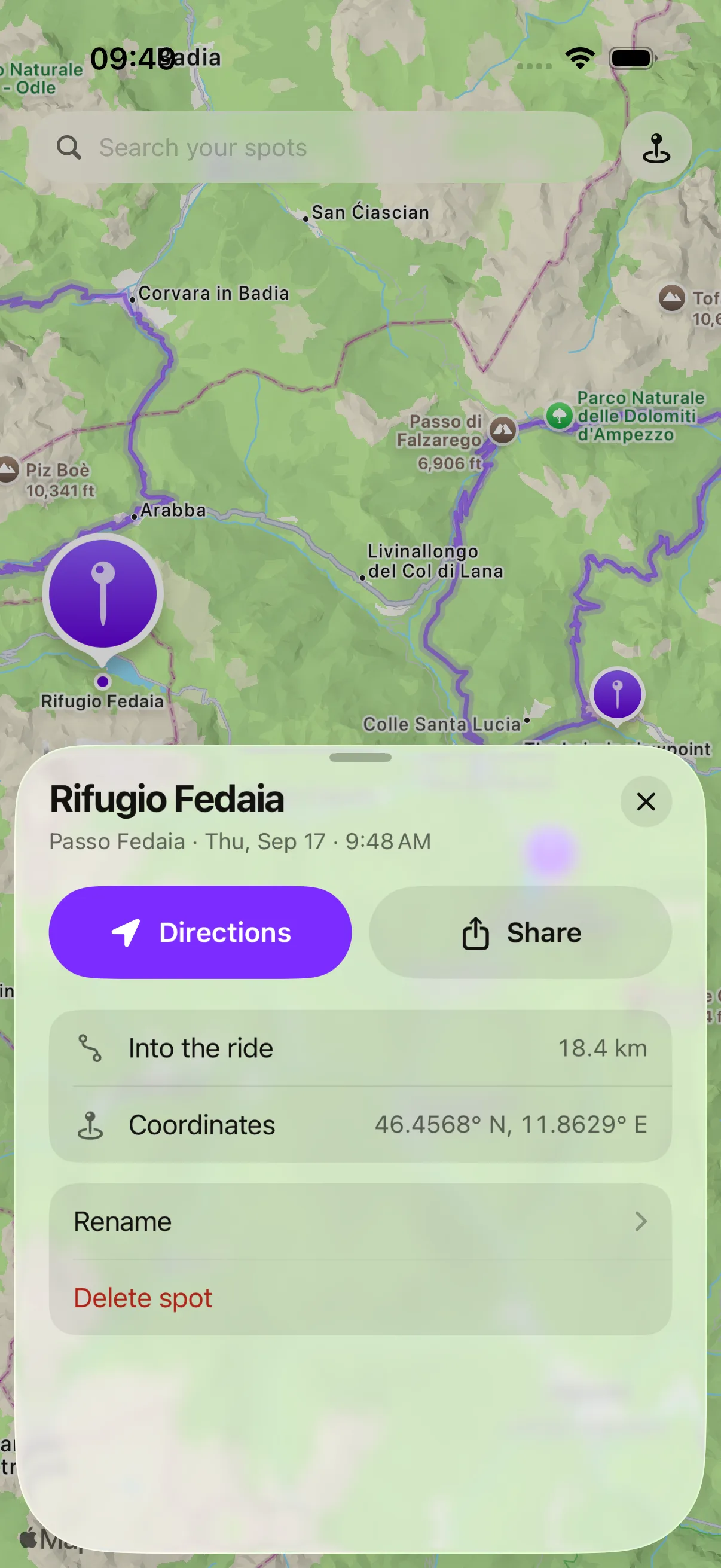 Qroda spot detail sheet over the Explore map: Rifugio Fedaia with Directions and Share buttons, the kilometre into the ride, its coordinates, and Rename and Delete rows